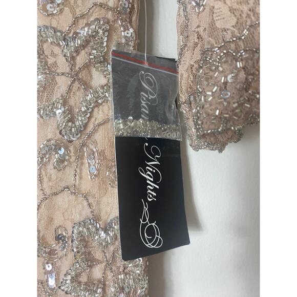 PISARRO NIGHTS DRESS 2 TAN BEIGE GOWN MOB FALL EVENING LONG FORMAL SEQUIN BEADED - Picture 4 of 16
